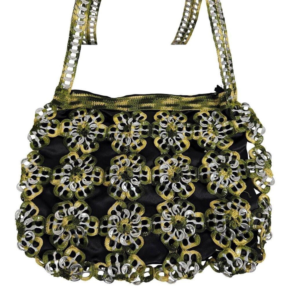 Handmade Green/Black Crochet Aluminum Can Tab Crossbody Bag Satin Lining EUC